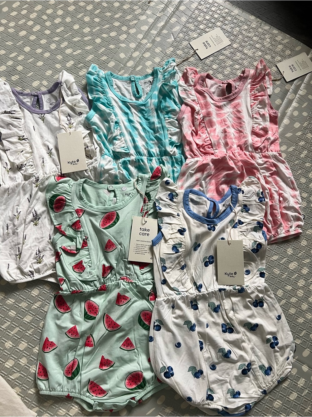 Kyte Baby Girls Romper Bundle - Watermelon, Cherry, Tie-Dye & Floral Prints